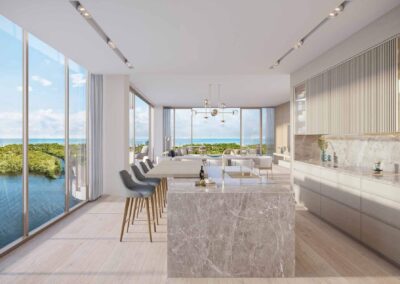 Sage Intracoastal Residences kitchen and dining area with a view of the ocean